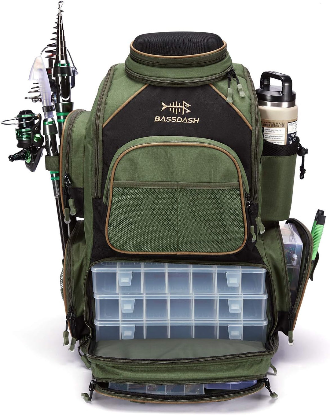 BASSDASH Fishing Tackle Backpack Water Resistant Lightweight Tactical Bag Soft Tackle Box with Rod H