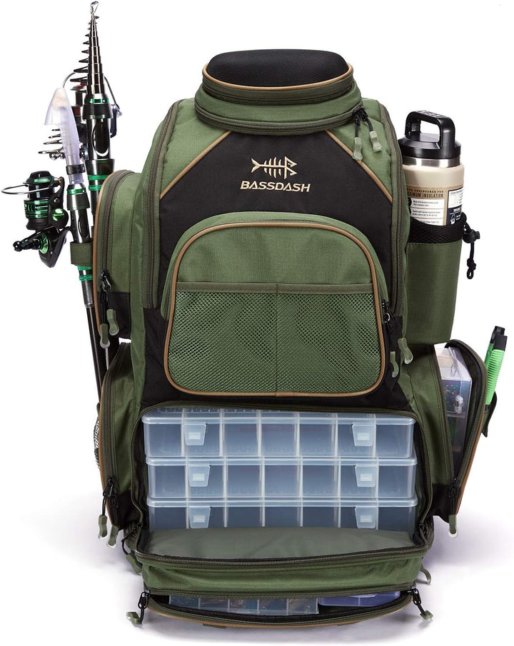 BASSDASH Fishing Tackle Backpack Water Resistant Lightweight Tactical Bag Soft Tackle Box with Rod H