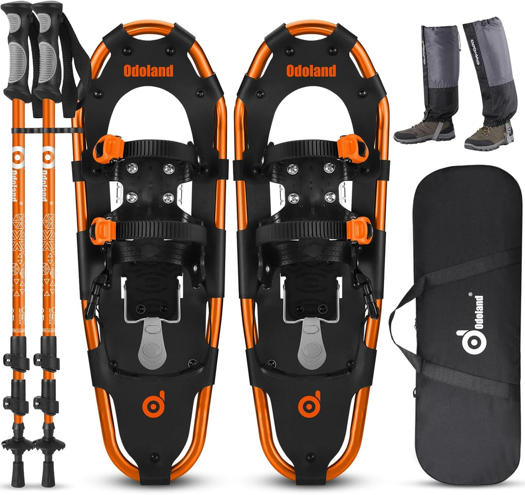 Odoland Schneeschuhe mit Steighilfe Allround 4 IN 1 für Damen und Herren mit Wanderstöcken, Wasserdi