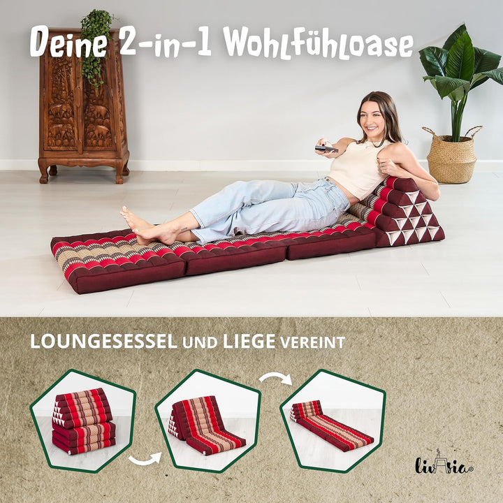 livasia Thaikissen 3 Auflagen extrahoch - 185x55x8cm - Dreieckskissen mit Klappmatratze, Kapok, Jumb