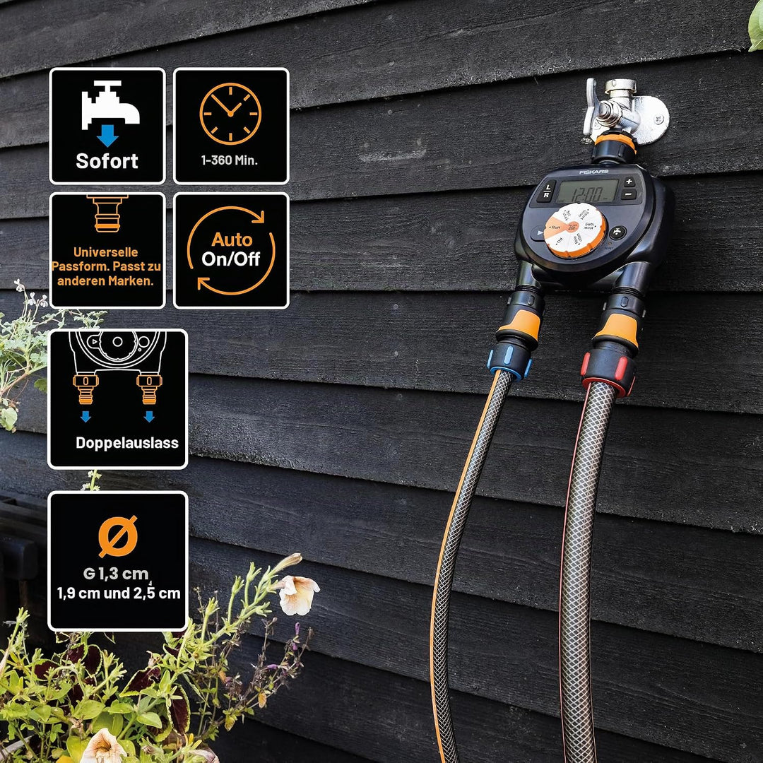 Fiskars Zeitschaltuhr/Timer mit 2 Ausgängen, Für alle gängigen Wasserhahngrössen, Leicht ablesbares