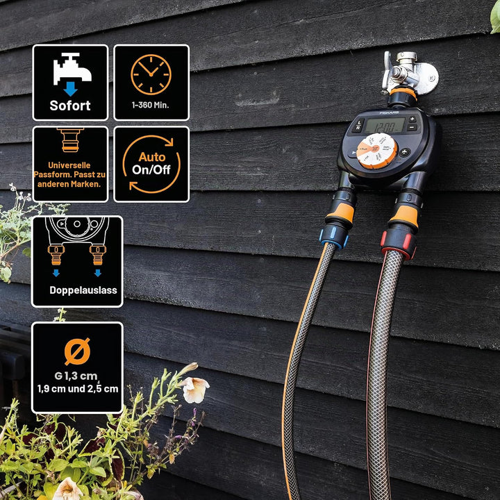 Fiskars Zeitschaltuhr/Timer mit 2 Ausgängen, Für alle gängigen Wasserhahngrössen, Leicht ablesbares