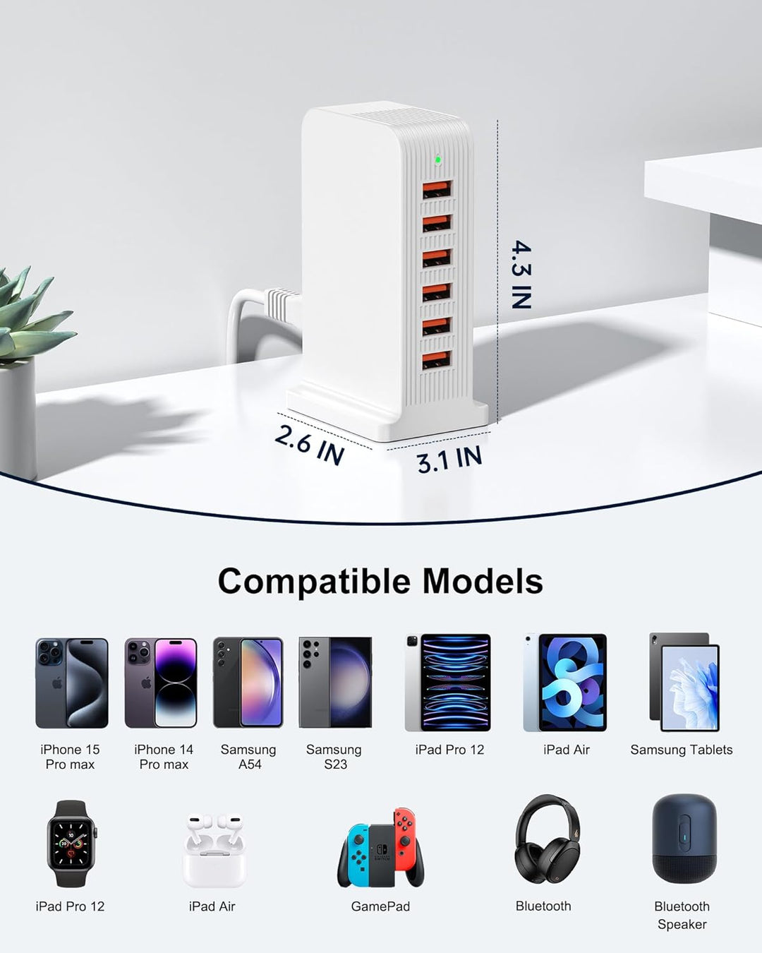 USB Ladegerät 50W 6 Port, Mehrere USB Ladegeräte, Desktop USB Ladegerät für iPhone XR/XS Max/X / 8 P