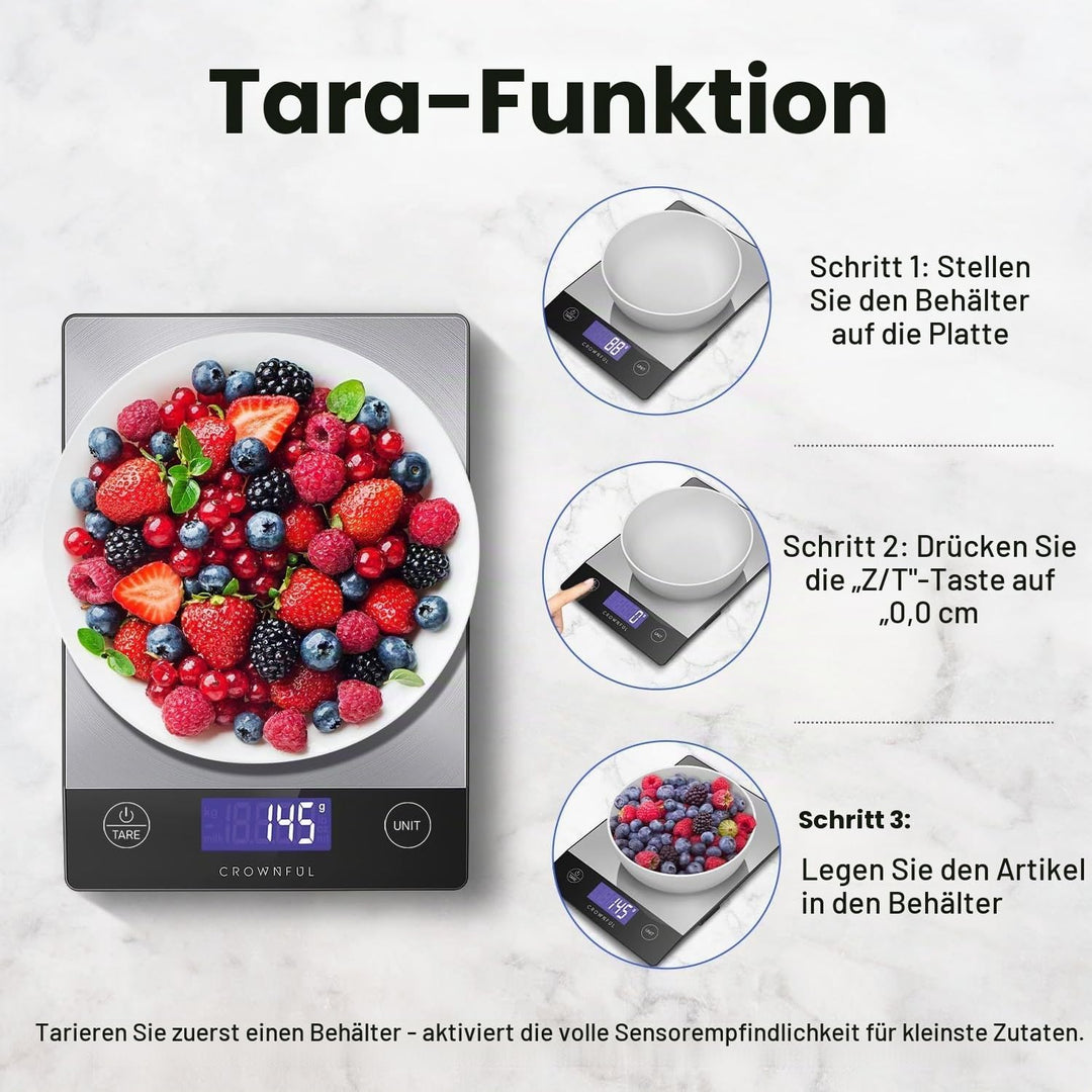 CROWNFUL Wiederaufladbare Lebensmittel-Küchenwaage, 33-Pfund-Digitalwaage, Food Scale zum Backen und