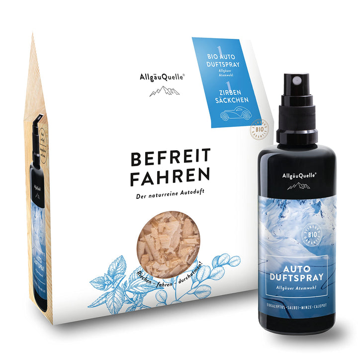AllgäuQuelle® Bio Auto-Duft-Set BEFREIT Fahren | Lufterfrischer: Duftspray & Zirben-Säckchen als nat