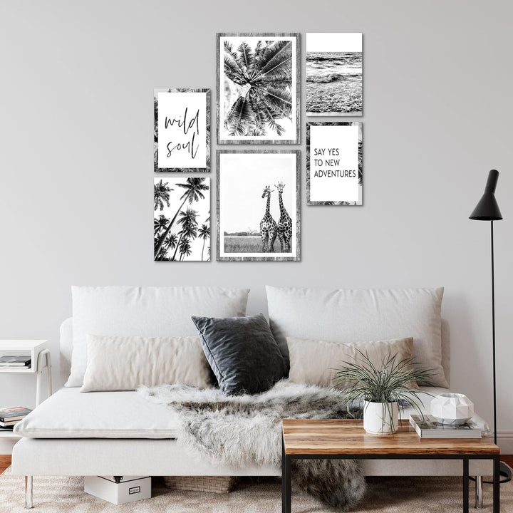 Novart Bilder Set - AUFHÄNGFERTIG - KEIN EXTRA RAHMEN BENÖTIGT - Giraffen Palmen Modern Schwarz Weis