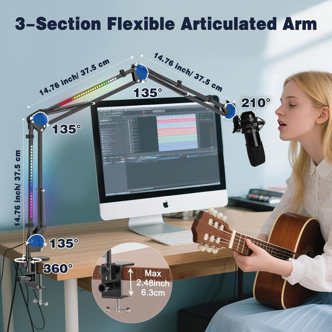 Jubor Mikrofon Boom Arm mit RGB Licht, Mikrofonarm Schreibtisch mit 3/8" bis 5/8" Schraube, Verstell