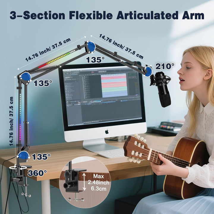 Jubor Mikrofon Boom Arm mit RGB Licht, Mikrofonarm Schreibtisch mit 3/8" bis 5/8" Schraube, Verstell