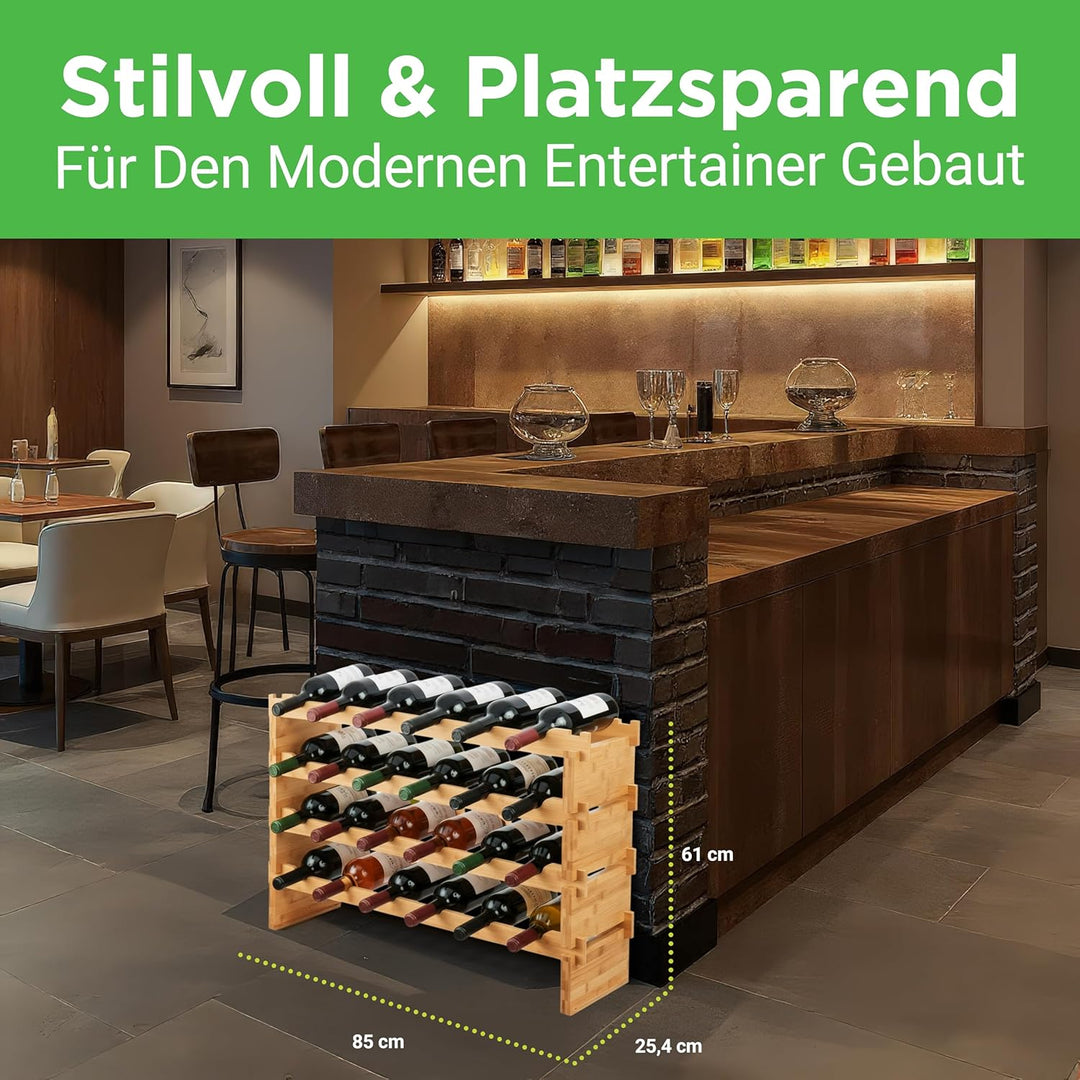 NutriChef Regal Schmal Weinregal aus Bambus Holz – 24 Flaschen, 4 Etagen – Stapelbares Flaschenregal