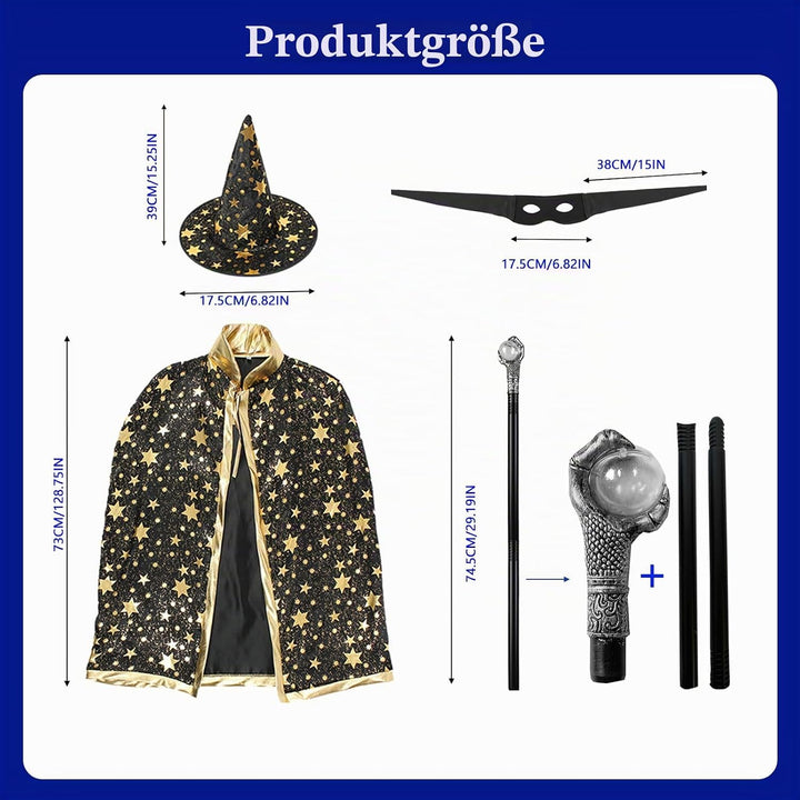 Zauberer Kostüm Kinder,4 Stück Zauberumhang Hexenhut Zauberstab Maske,Halloween FaschingskostüMe für