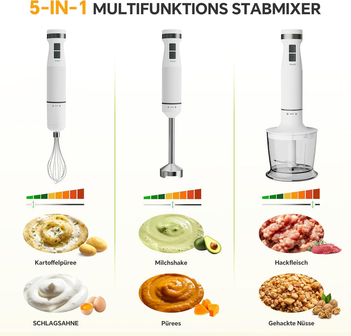 Ribelli Elektrischer Stabmixer Set 1200 W, 5-in-1 Pürierstab, Hand Blender mit 20 Geschwindigkeitsst