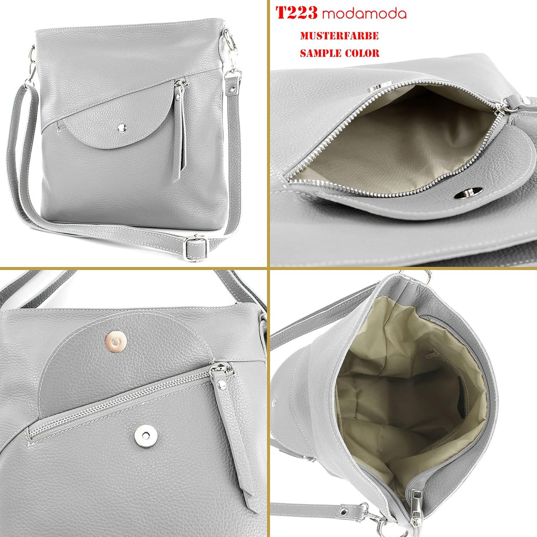 modamoda de - T223 - ital. Umhängetasche Schultertasche Medium aus Leder Silber-metallic, Silber-met