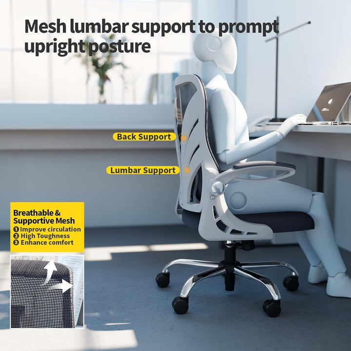 HOLLUDLE Ergonomischer Bürostuhl mit Klappbarer Rückenlehne, Schreibtischstuhl mit Erweitertem Sitz(