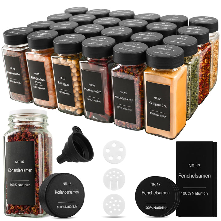 Gewürzgläser Eckig Set 24er - Gewürzdosen Glas 120ml mit Etiketten & Streueinsatz - Gewürzbehälter f