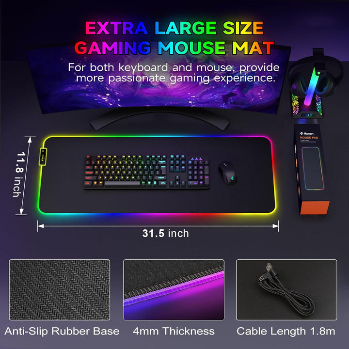 Hcman RGB Gaming Mauspad XXL - 800x300mm Mousepad mit Rutschfester Gummibasis, 7 LED Farben, 10 Bele