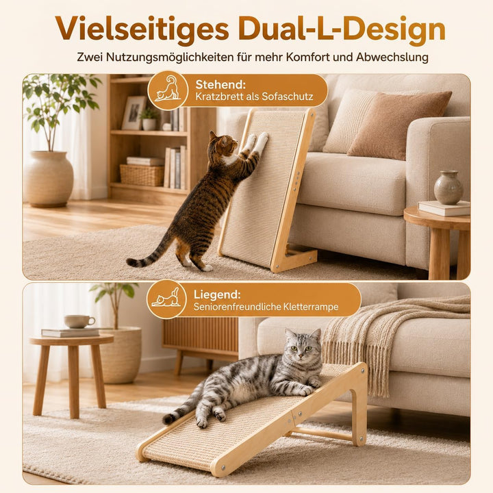 Kratzbrett Katze, 65 cm Hohe L-förmiger Dual-Use Sisal Kratzpadsfür Katzen, Kratzsäule aus Massivhol