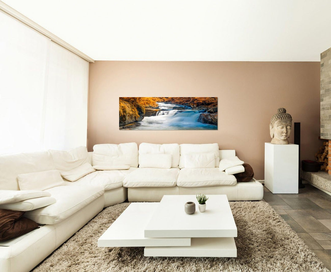 Paul Sinus Art Panoramabild auf Leinwand und Keilrahmen 150x50cm Wald Fluss Wasserfall Herbst