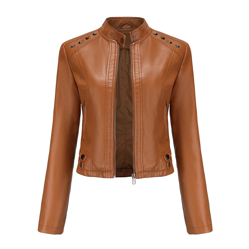 YYNUDA Damen Lederjacke Kurz Bikerjacke Stehkragen Reissverschluss Leder Jacke Übergangsjacke für He