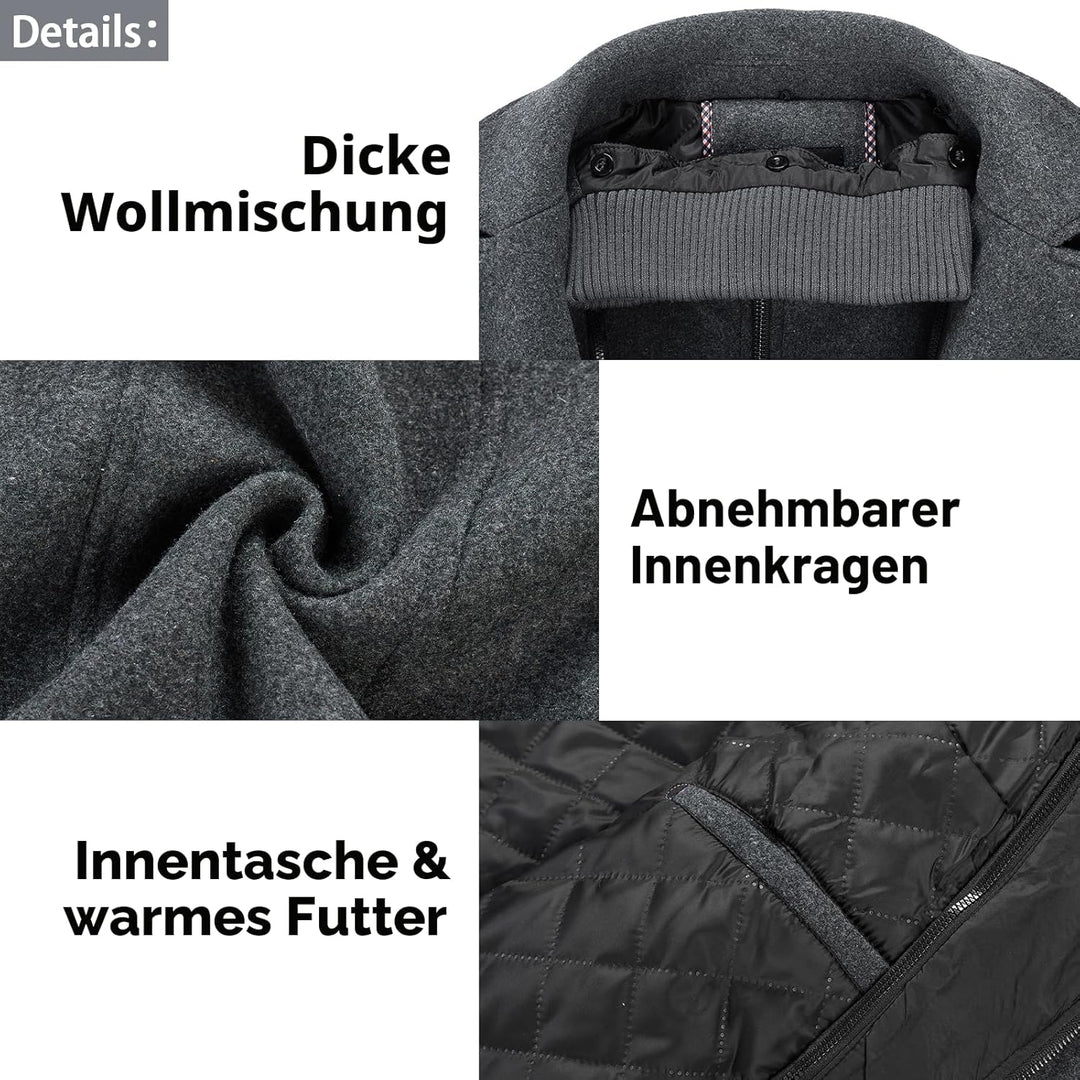 KUDORO Herren Wintermantel Wolle Kurzmantel Herren Wollmantel Mittellang Slim Fit für Business Freiz