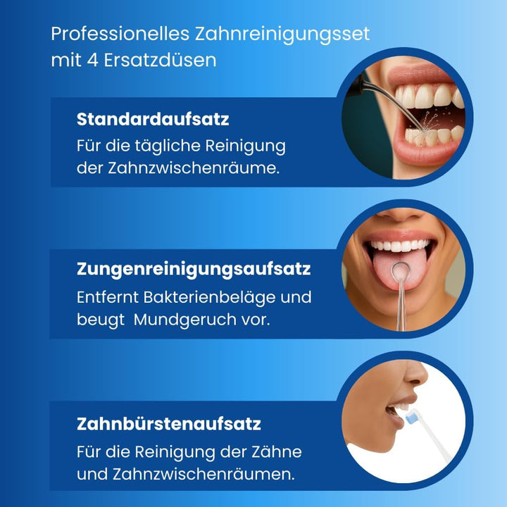 DM14 Munddusche – Kabelloser Water Flosser mit 4 Modi & 4 Aufsätzen – Zahndusche für Zahnreinigung –
