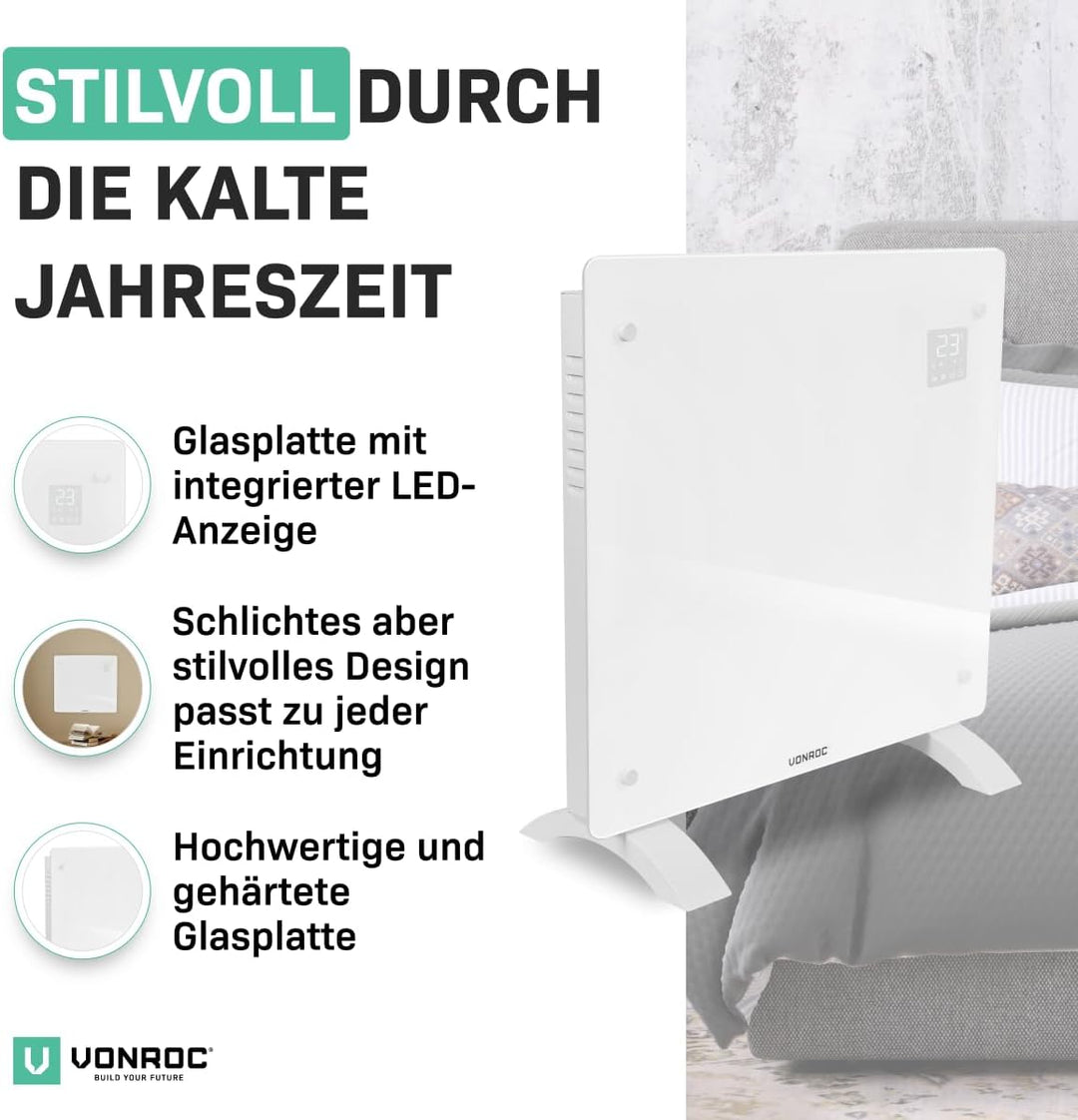 VONROC Elektroheizung, Konvektor-Heizung - Energiesparende elektrische Heizung bis 12m2 - Wand-/Bode