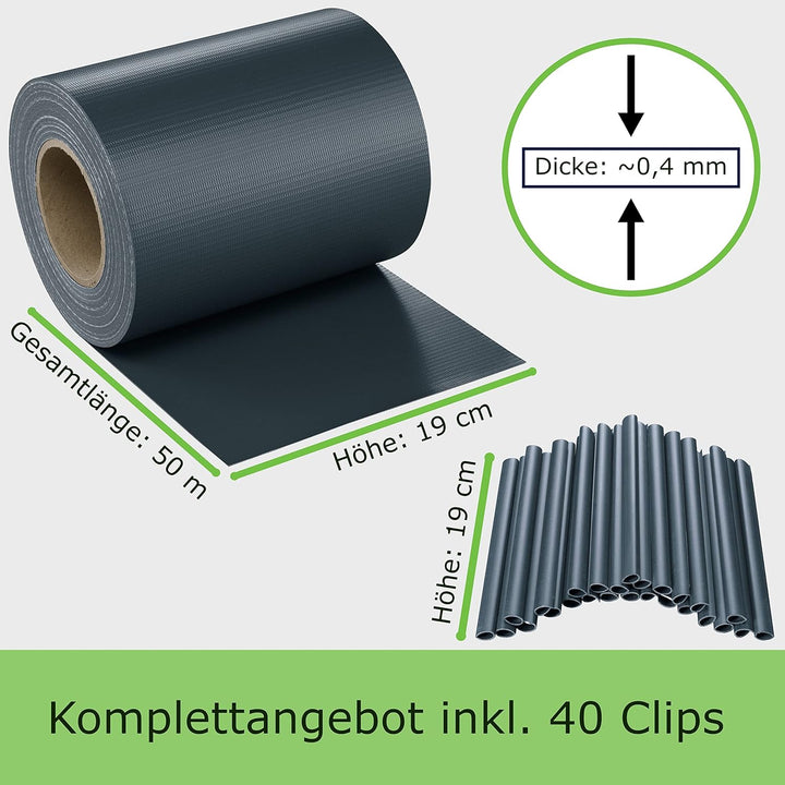 workingHOUSE PVC Sichtschutzstreifen für Doppelstabmattenzaun - 450g/m² 50 m x 19 cm - Zaunsichtschu