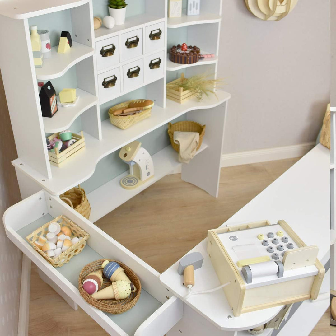 Roba Kaufladen Macaron Mint-Weiss aus Holz - Grosser Kaufmannsladen für Kinder - Marktstand