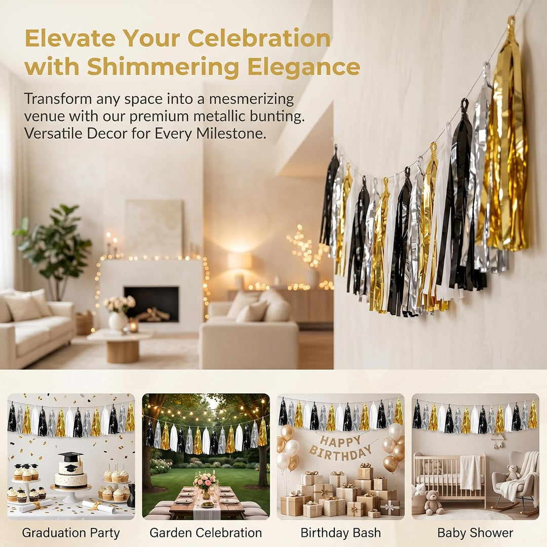 3P Schwarz Gold Silber Folie Fransen Metallic Quaste Girlande, Quasten Banner Luftschlangen für Para