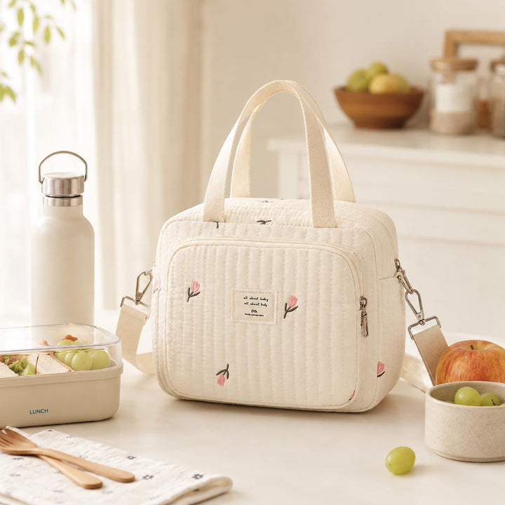 Wickeltasche, Mommy Bag Blumen, Kleine Gesteppte Tasche mit bestickten Blumenmotiven, Tragegriffen u