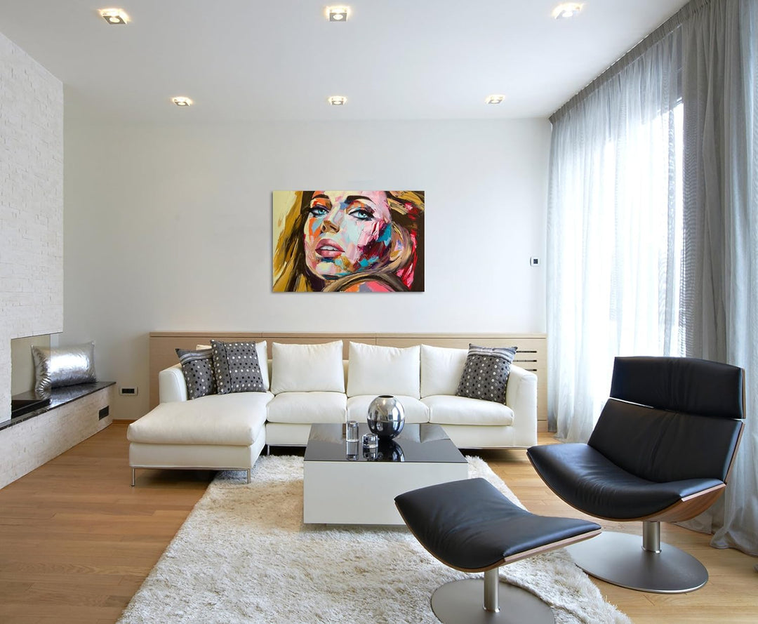 Paul Sinus Art Fotoleinwand 90x60cm Abstraktes Ölgemälde – Blonde Frau auf Leinwand Exklusives Wandb