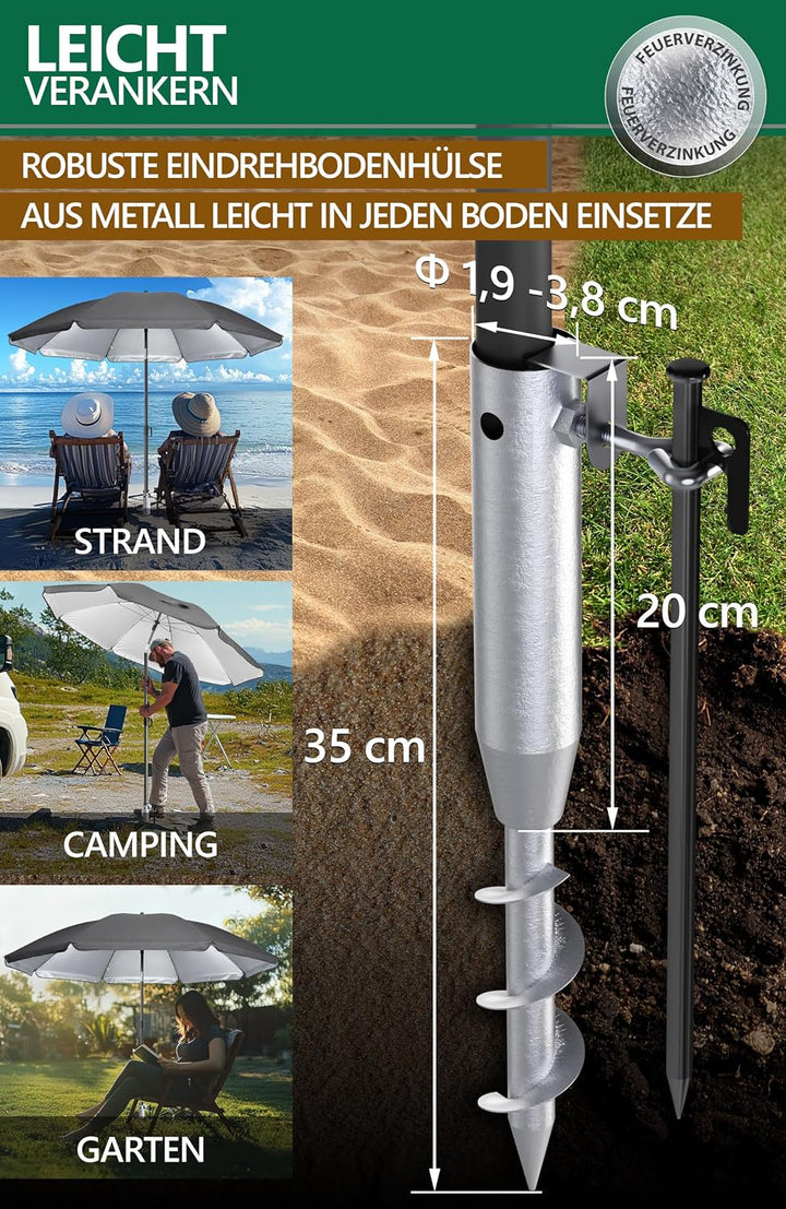 4smile Sonnenschirm Strand 3-in-1 Set, Ø 180 cm, Anthrazit, Strandschirm Windfest Stabil, UV50 Sonne