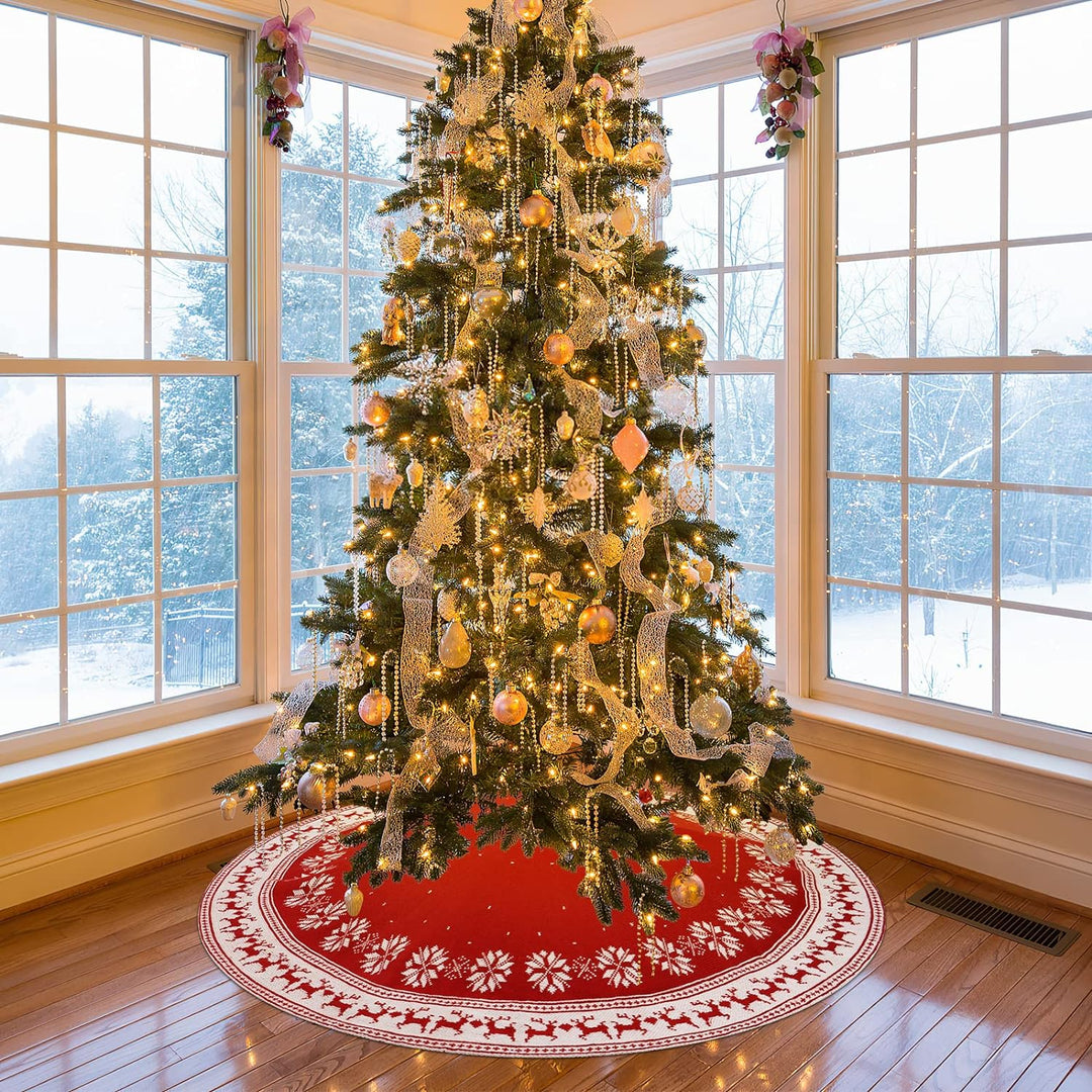 Dremisland Grosse Weihnachtsbaum Rock, 122cm Rot Gestrickte Christbaumdecke mit Schneeflocken Rentie