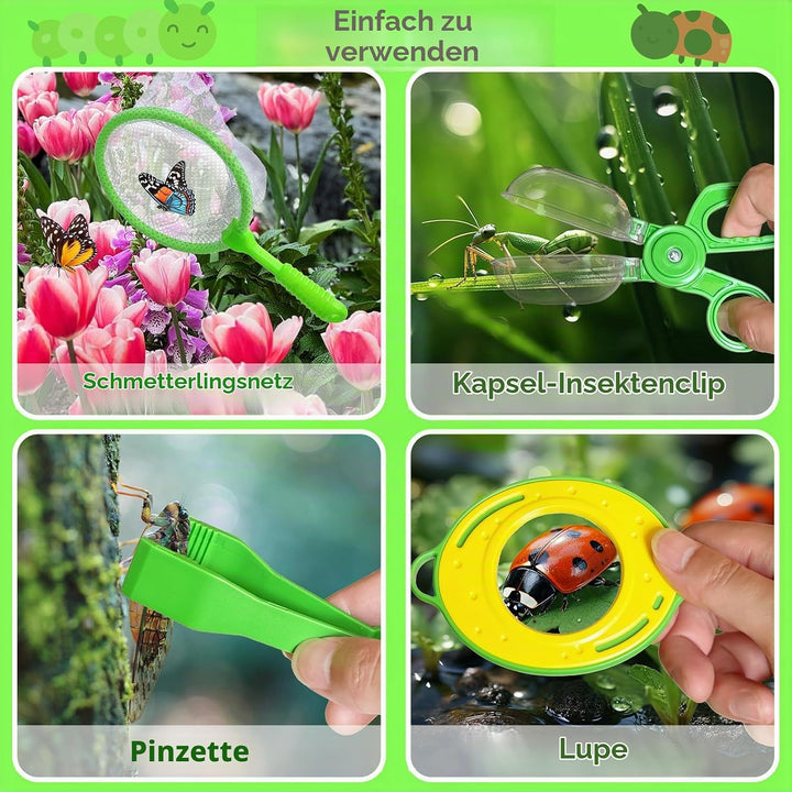 Entdecker Set für Kinder ab 4, 17 Stück Forscherset für Kinder, Insektenbox mit Drehbar Lupe, Kinder