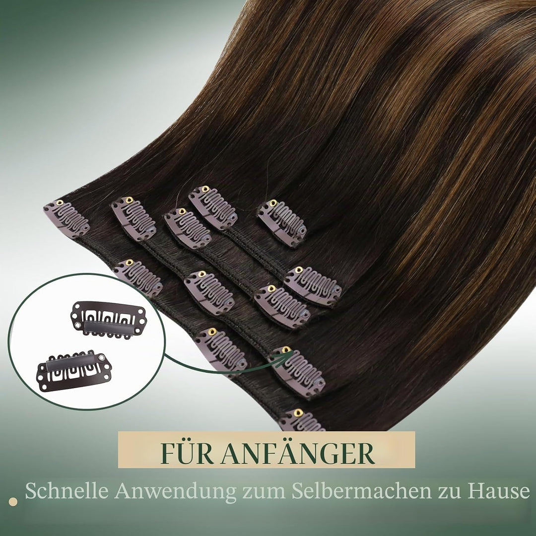 Ugeat Extensions Haare Echthaar Clips 30cm Clip in Extensions Echthaar Balayage Dunkelstes Braun mit