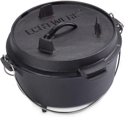 Echtwerk Dutch Oven, Gusseisen BBQ Kochtopf ca. 4,9 L, Bereits eingebrannt - preseasoned, Deckel mit