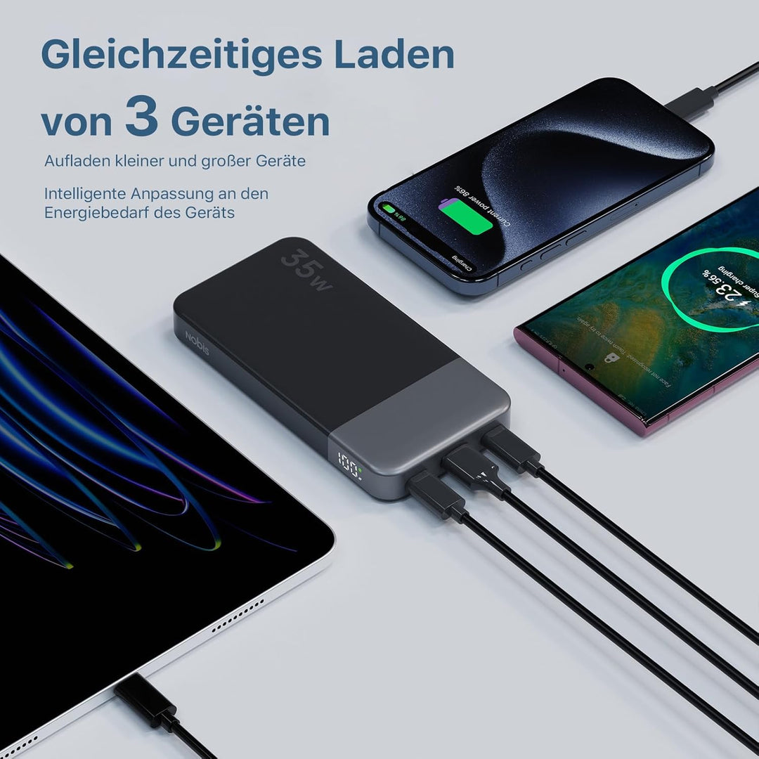 NOBIS 35W Power Bank 10000mAh, Externer Akku mit Digitalanzeige, USB C Ladegerät Schnellladen PD QC,