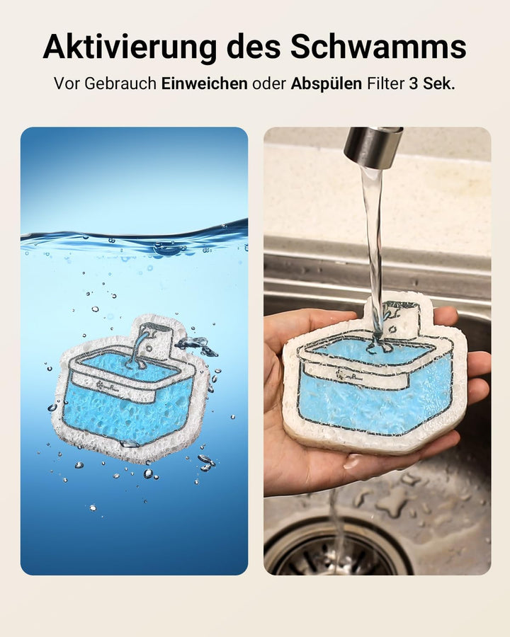 DownyPaws Trinkbrunnen für Katze kabellos Filter 6 STK Für DPWFP6 mit Reinigungsschwamm und -bürste