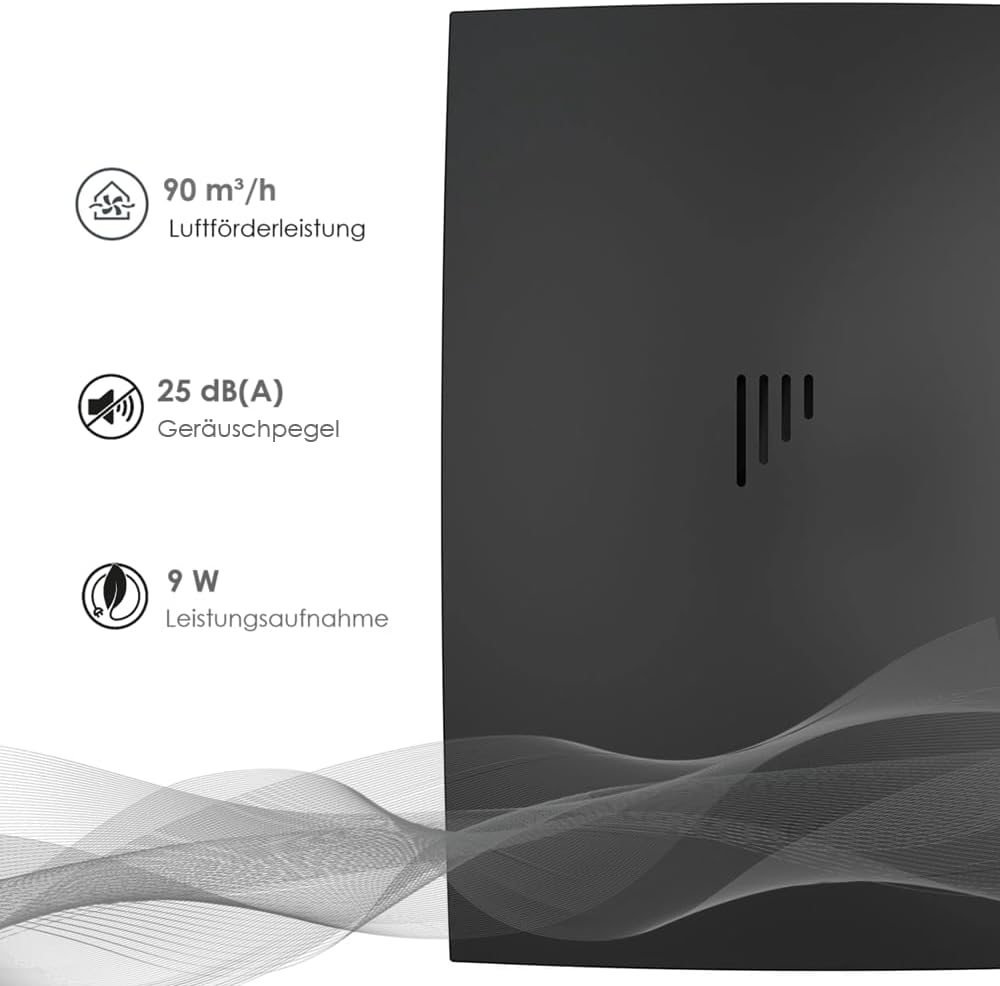 Vlano WING 100 Black Standard Badlüfter mit Rückschlagklappe, 90 m³/h, 25 dB(A), 100 mm Durchmesser,