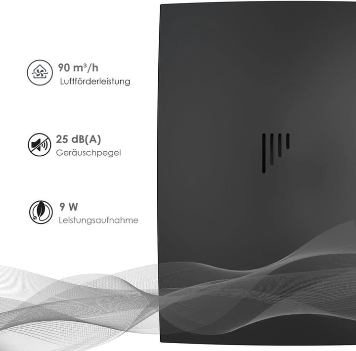 Vlano WING 100 Black Standard Badlüfter mit Rückschlagklappe, 90 m³/h, 25 dB(A), 100 mm Durchmesser,