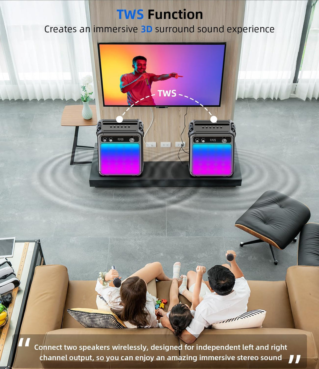 Karaoke Maschine mit 2 Mikrofonen, tragbarer Bluetooth Karaoke System mit LED Lichtern, Stereo TWS,