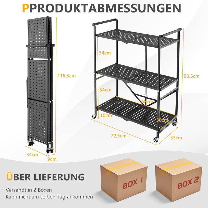 GOPLUS Servierwagen aus Metall, Küchenwagen klappbar mit Rädern, 3-stufiges Metallregal mit praktisc