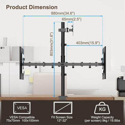 PUTORSEN Monitor Halterung 3 Monitore für 13-32 Zoll Flach & Curved Bildschirm, 80cm Stange Monitor