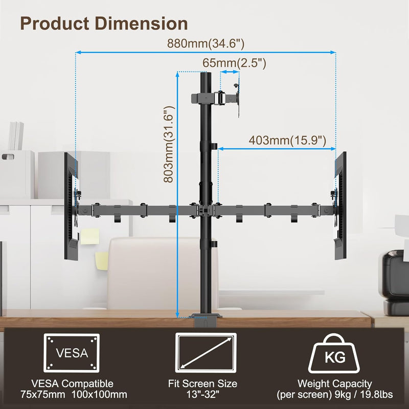 PUTORSEN Monitor Halterung 3 Monitore für 13-32 Zoll Flach & Curved Bildschirm, 80cm Stange Monitor