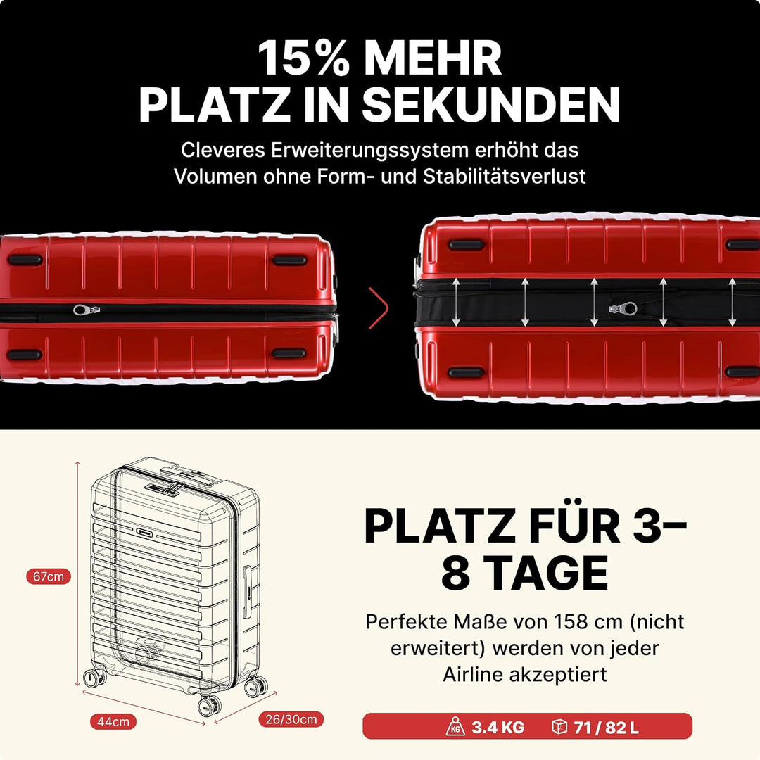 Eminent Voyager Koffer Mittelgross 67x44x26 cm, Erweiterbar, Hartschalenkoffer, 4 Rollen, Leicht, TS