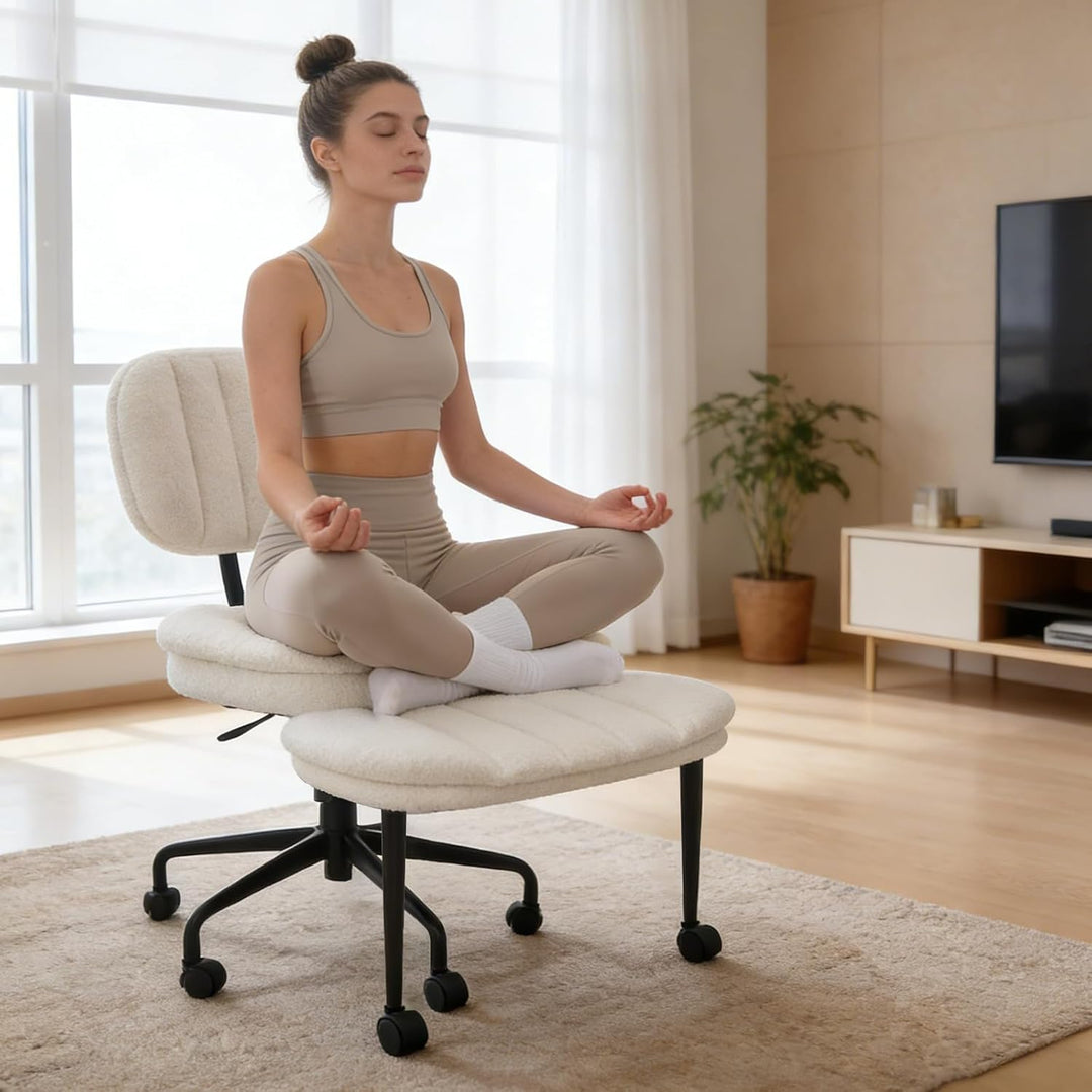 Bürostuhl Schreibtischstuhl Schneidersitz Stuhl, Kunstlammfell Ergonomischer Meditationsstuhl mit Ve