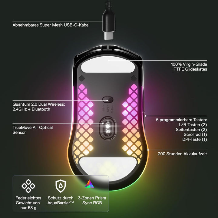 SteelSeries Aerox 3 Wireless - RGB Gaming-Mouse mit Öffnungen in der Oberfläche - Federleichtes, was