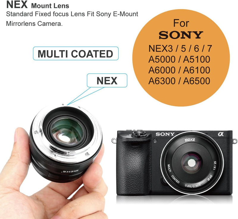 Meike 25mm F1.8 APS-C grosse Blende Weitwinkelobjektiv Manueller Fokusobjektiv Kompatibel mit Sony E
