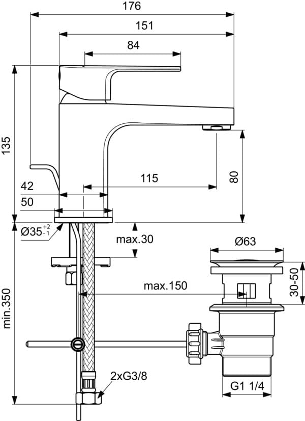 Ideal Standard Einhebelmischer normales Waschbecken mit Bluestart Ceraline
