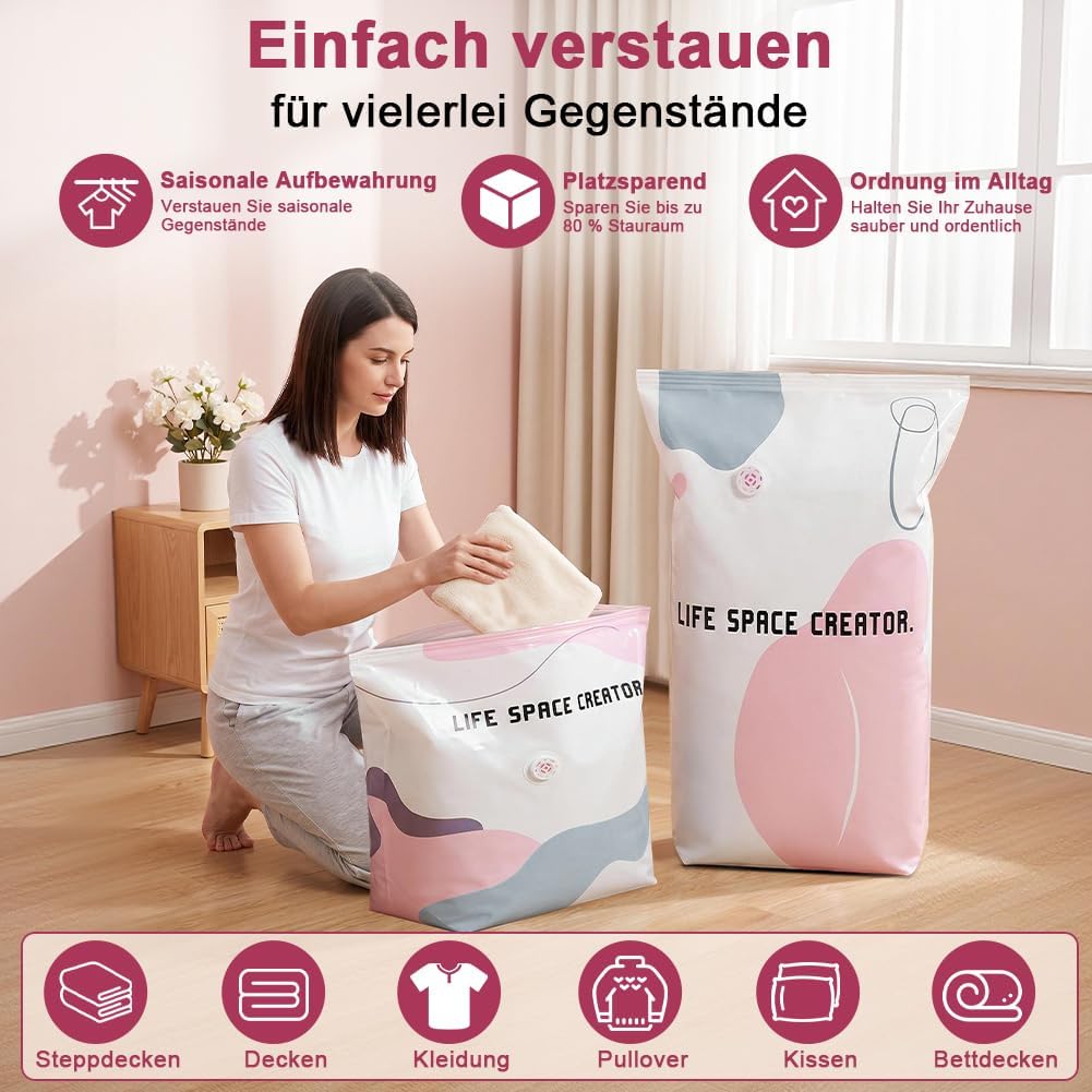 6er-Pack Vakuumbeutel ohne Pumpe, 3x 50x70x30cm + 3x 80x100x38cm, Vakuum Aufbewahrungsbeutel, platzs