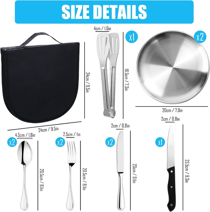 Camping Geschirr Set 2 Personen,12-teilig Besteckset mit Edelstahl Gabeln Tragbars Campingbesteck au
